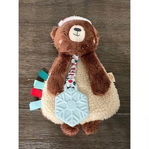 Brown Bear Plush Teething Toy with Blue Snowflake Teether